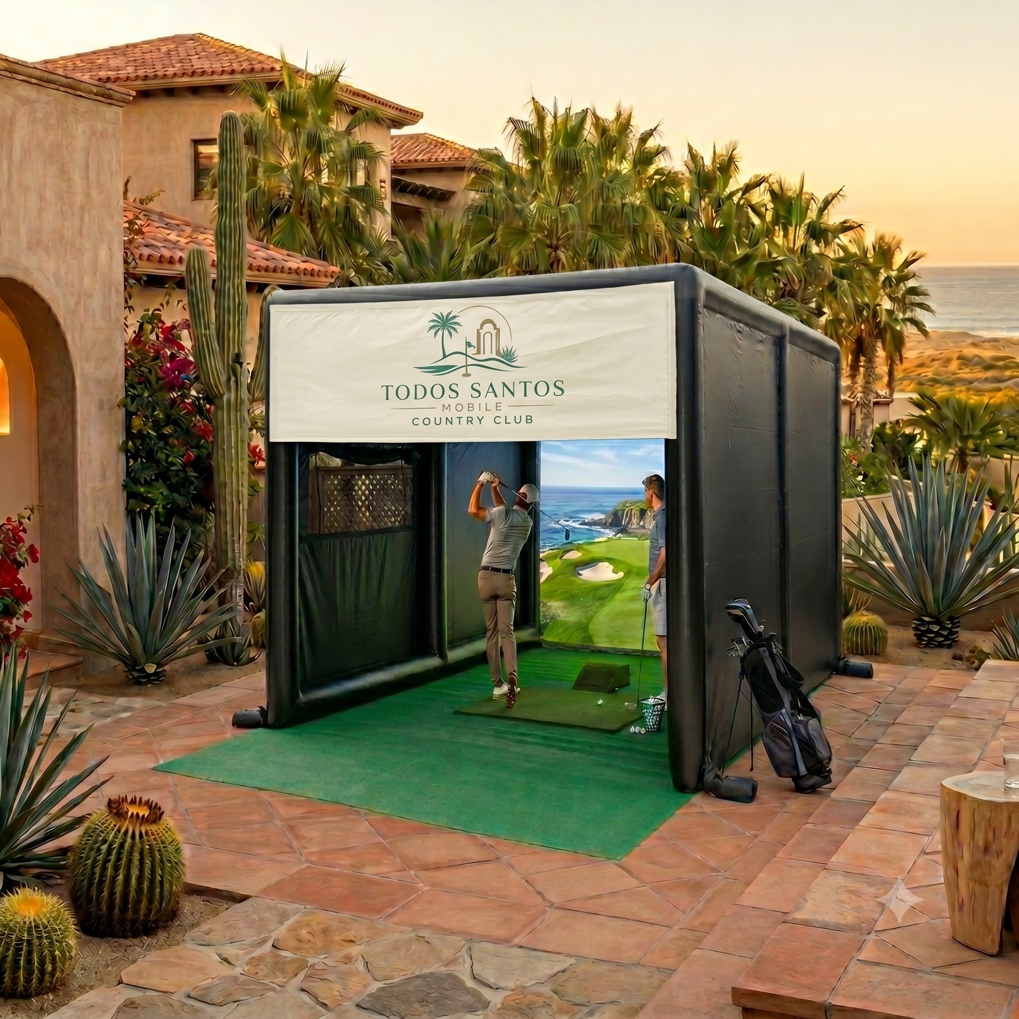 Professional golf simulator experience at a private villa courtyard in Baja California Sur with desert landscape views